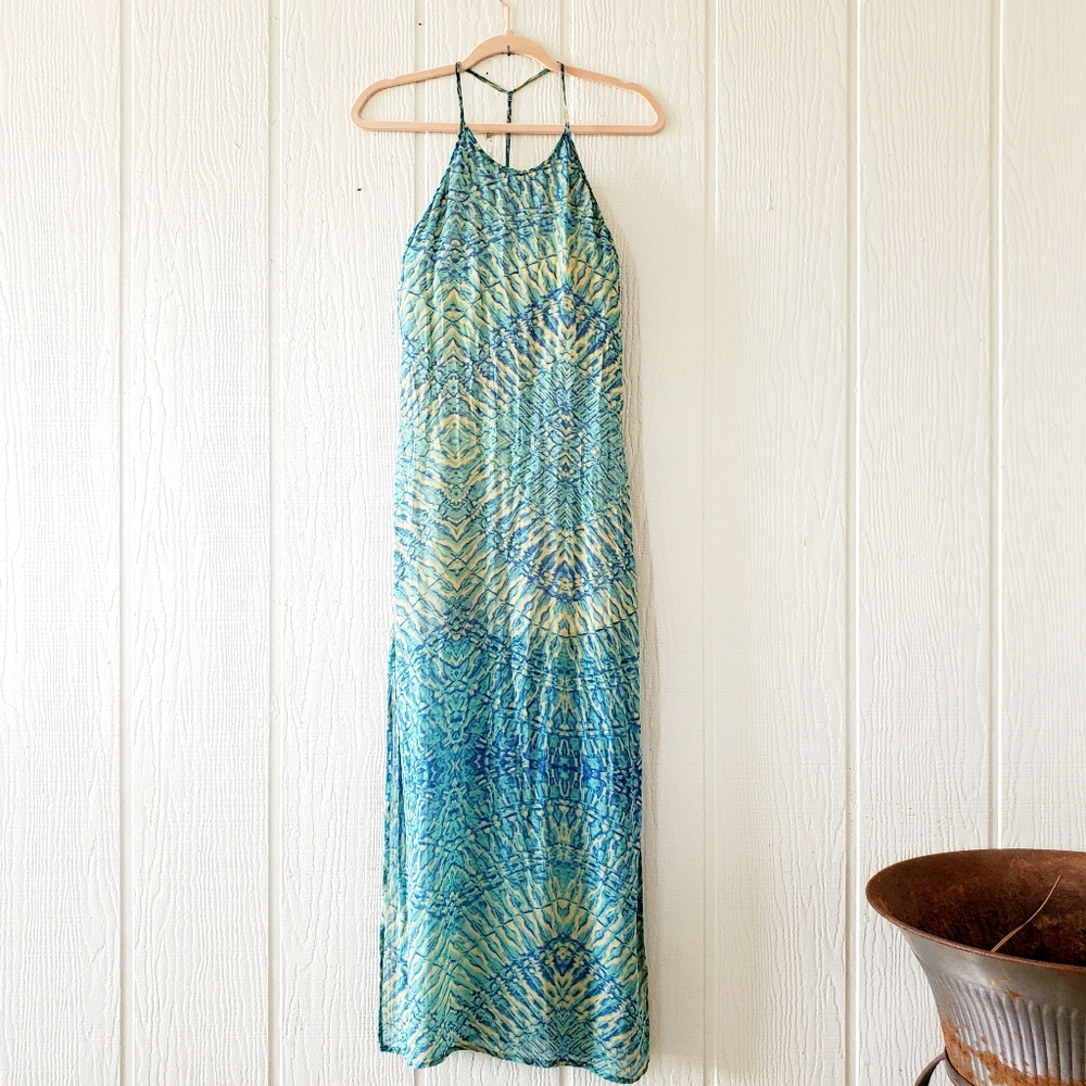 Rory Beca Sue Georgette Maxi Slip Dress Boho Print Lined Green Blue XS